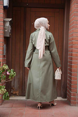 Düğmeli Açık Haki Tesettür Trençkot 7261AHK