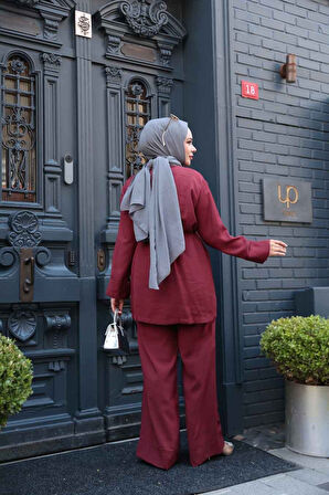 Düğme Detaylı Bordo Tesettür İkili Takım 19029BR