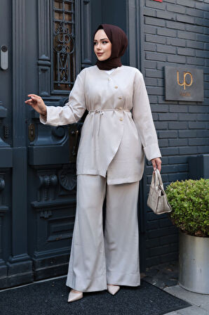 Düğme Detaylı Bej Tesettür İkili Takım 19029BEJ