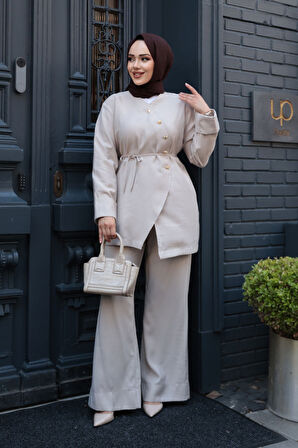 Düğme Detaylı Bej Tesettür İkili Takım 19029BEJ