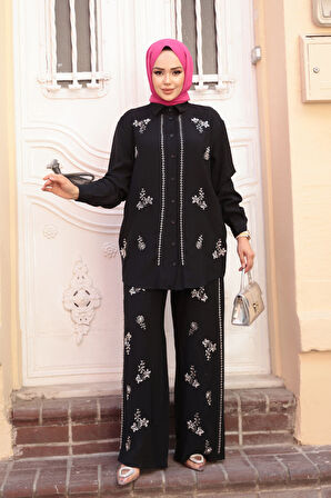 Boncuk İşlemeli Siyah Tesettür İkili Takım 19030S