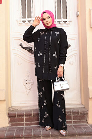 Boncuk İşlemeli Siyah Tesettür İkili Takım 19030S