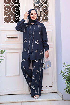 Boncuk İşlemeli Lacivert Tesettür İkili Takım 19030L