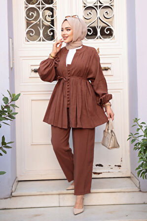 Pile Detaylı Çikolata Tesettür İkili Takım 19031CK