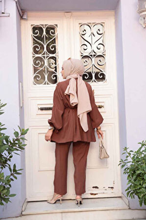 Pile Detaylı Çikolata Tesettür İkili Takım 19031CK