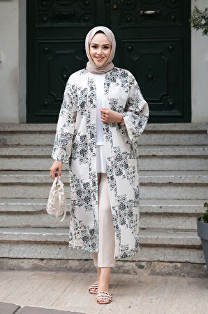 Desenli Siyah Tesettür Kimono 32121S