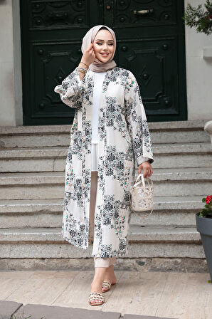 Desenli Siyah Tesettür Kimono 32121S