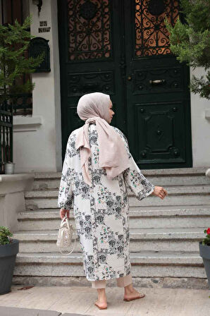 Desenli Siyah Tesettür Kimono 32121S