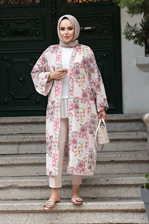 Desenli Fuşya Tesettür Kimono 32121F