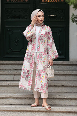 Desenli Fuşya Tesettür Kimono 32121F