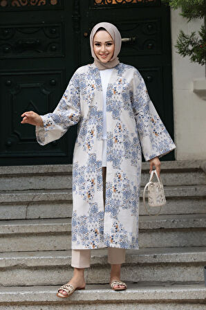 Desenli İndigo Mavisi Tesettür Kimono 32121IM
