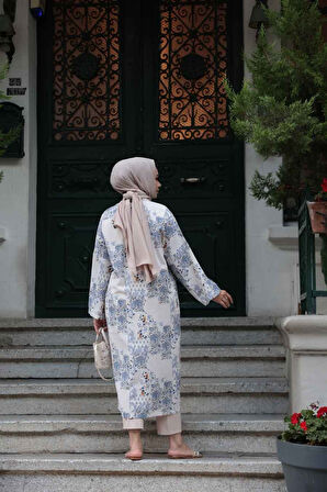 Desenli İndigo Mavisi Tesettür Kimono 32121IM