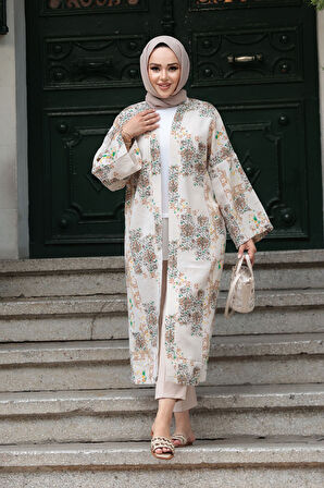 Desenli Bisküvi Tesettür Kimono 32121BS