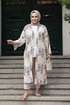 Desenli Bisküvi Tesettür Kimono 32121BS
