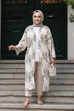 Desenli Bisküvi Tesettür Kimono 32121BS