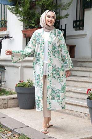 Desenli Yeşil Tesettür Kimono 32121Y