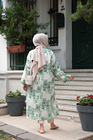 Desenli Yeşil Tesettür Kimono 32121Y