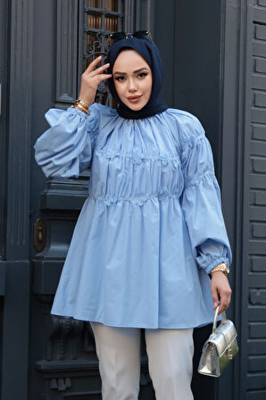 Büzgü Detaylı Bebek Mavisi Tesettür Tunik 101033BM