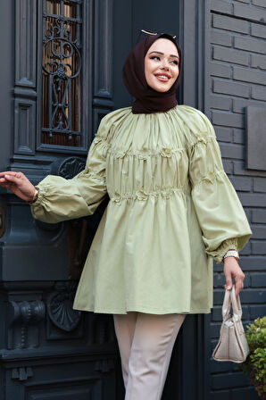 Büzgü Detaylı Çağla Yeşili Tesettür Tunik 101033CY