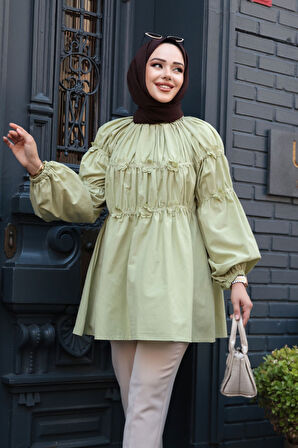 Büzgü Detaylı Çağla Yeşili Tesettür Tunik 101033CY