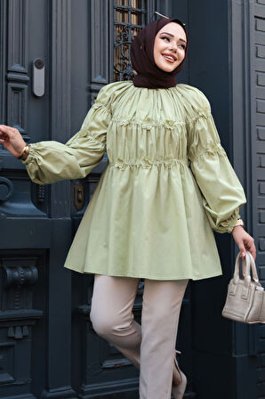 Büzgü Detaylı Çağla Yeşili Tesettür Tunik 101033CY