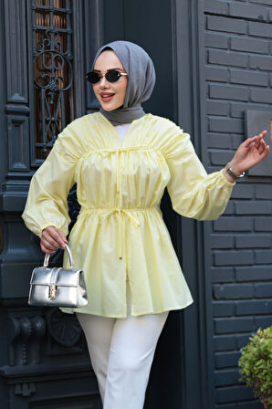 Büzgü Detaylı Sarı Tesettür Tunik 101042SR