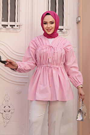 Büzgü Detaylı Pembe Tesettür Tunik 101042P