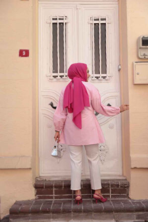 Büzgü Detaylı Pembe Tesettür Tunik 101042P