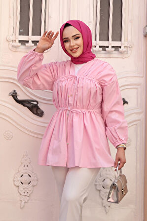 Büzgü Detaylı Pembe Tesettür Tunik 101042P