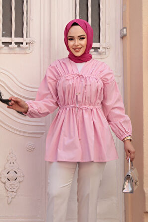 Büzgü Detaylı Pembe Tesettür Tunik 101042P