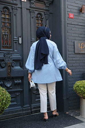 Büzgü Detaylı Bebek Mavisi Tesettür Tunik 101042BM