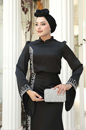 Boncuk Detaylı Siyah Tesettür Saten Abiye Elbise 53361S