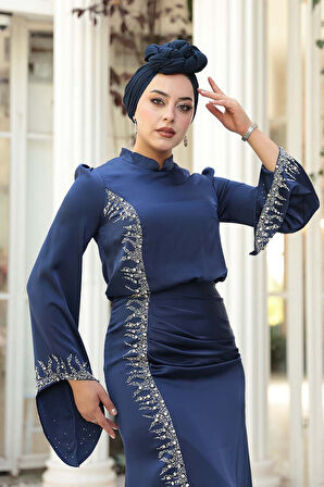 Boncuk Detaylı Lacivert Saten Tesettür Abiye Elbise 53361L