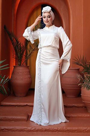 Boncuk Detaylı Beyaz Tesettür Saten Abiye Elbise 53361B