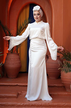 Boncuk Detaylı Beyaz Tesettür Saten Abiye Elbise 53361B