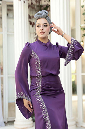 Boncuk Detaylı Mor Tesettür Saten Abiye Elbise 53361MOR