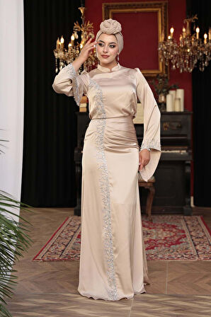 Boncuk Detaylı Bej Tesettür Saten Abiye Elbise 53361BEJ