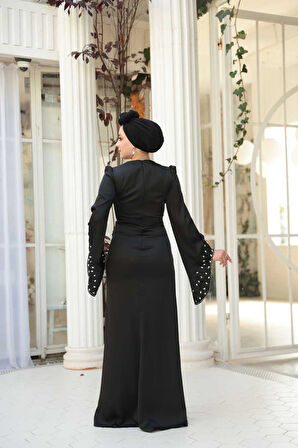 Taş İşlemeli Siyah Tesettür Saten Abiye Elbise 5337S