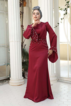 Taş İşlemeli Bordo Tesettür Saten Abiye Elbise 5337BR