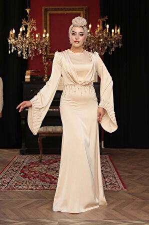 Kemerli Bej Tesettür Abiye Elbise 5337BEJ