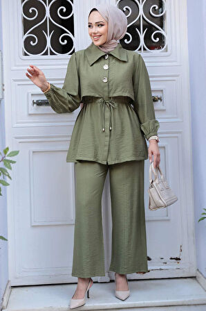 Düğme Detaylı Haki Tesettür İkili Takım 40391HK