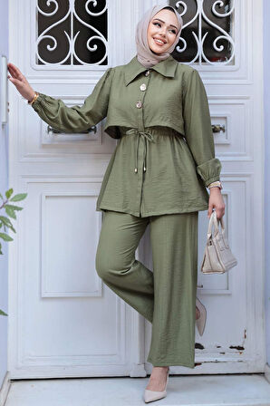 Düğme Detaylı Haki Tesettür İkili Takım 40391HK