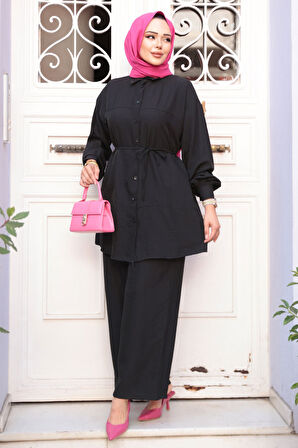Düğmeli Siyah Tesettür İkili Takım 60341S