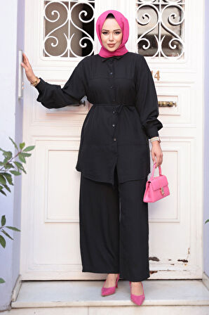 Düğmeli Siyah Tesettür İkili Takım 60341S