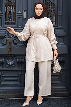 Düğmeli Bej Tesettür İkili Takım 60341BEJ