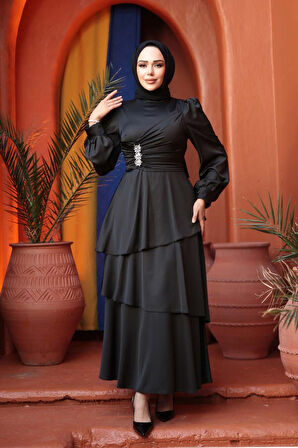 Kat Etekli  Siyah Tesettür Abiye Elbise 62291S