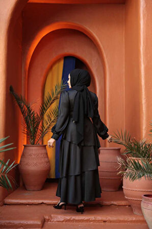 Kat Etekli  Siyah Tesettür Abiye Elbise 62291S