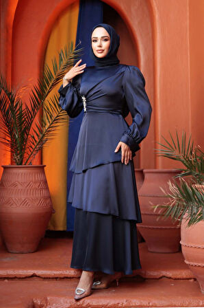 Kat Etekli Lacivert Tesettür Abiye Elbise 62291L