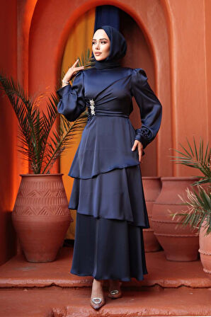 Kat Etekli Lacivert Tesettür Abiye Elbise 62291L