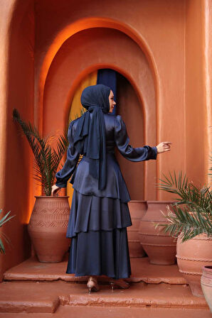 Kat Etekli Lacivert Tesettür Abiye Elbise 62291L